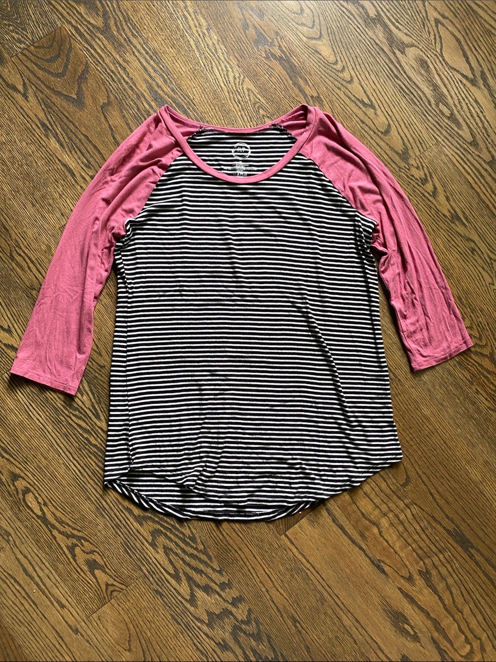 Striped Black & White Raglan Top with Pink Sleeves